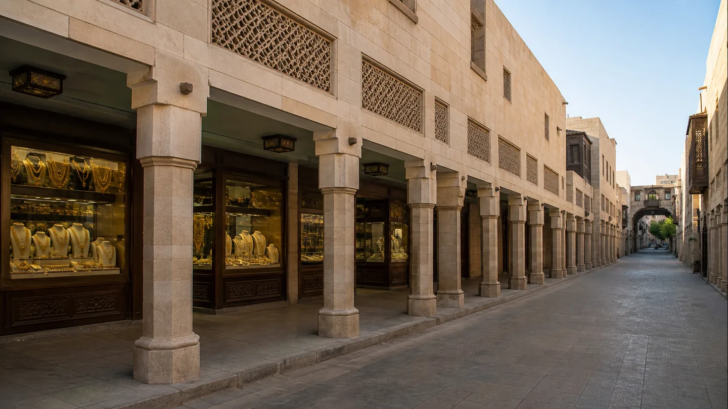 تصور بصري واقعي للواجهة الخارجية لسوق بلال في المدينة المنورة