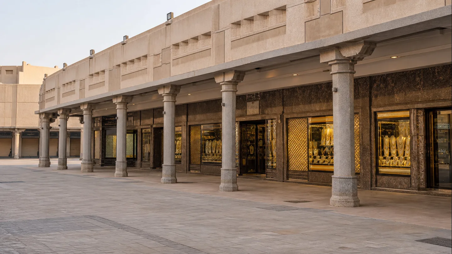 تصور بصري واقعي للواجهة الخارجية لسوق العويس الشعبي في الرياض