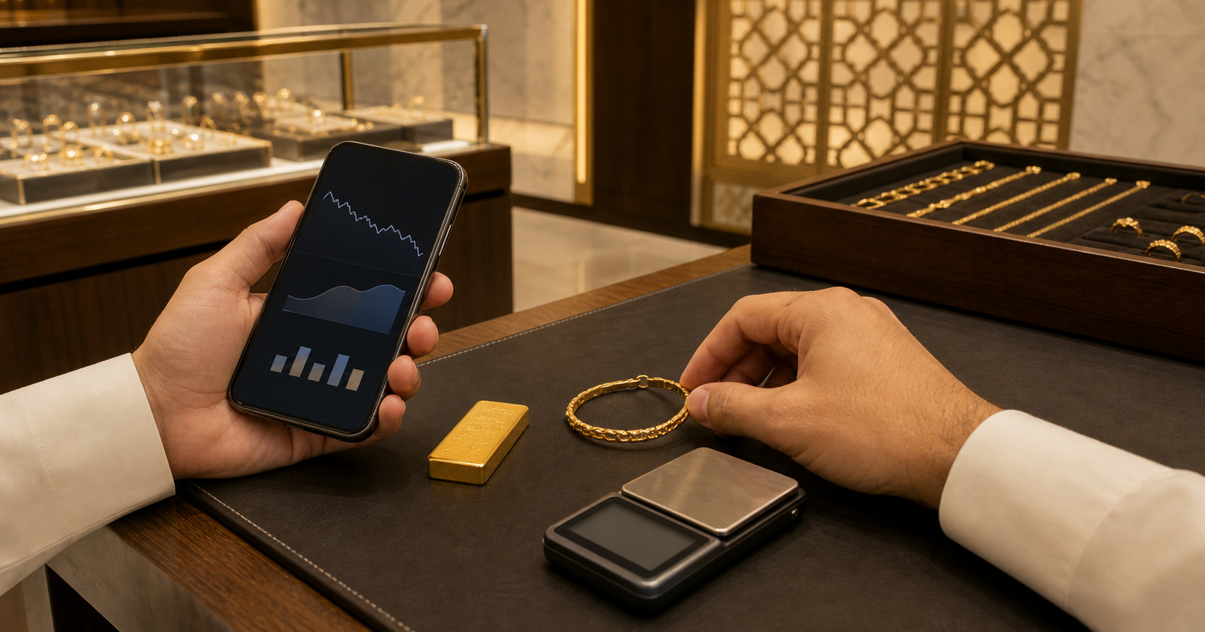 مشتري خليجي يقارن سعر سبيكة ومجوهرات ذهب بعد انخفاض السعر العالمي